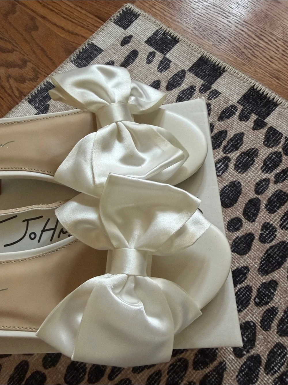 Betsey Johnson Ivory Bow Ankle-Strap Block Heel Sandals